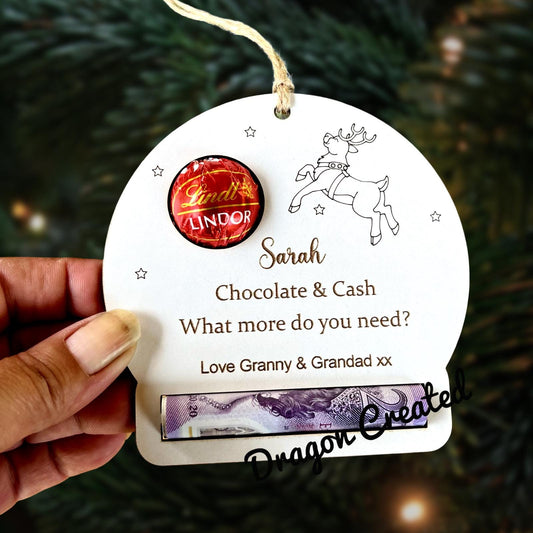 Personalised Reindeer Chocolate & Money Holder: Christmas Tree Decoration, Cash Envelope