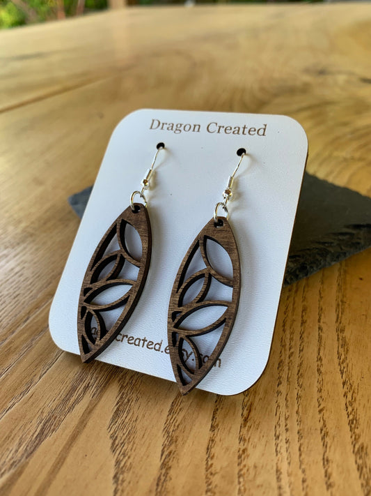 Wooden Swirly Earrings - Lightweight hyper allergenic Earrings - handmade Drop Earring - Dangly Silver