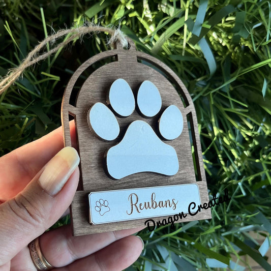 Pet Christmas Ornament: Personalised Engraved Wooden Dog Paws, Tree Decoration.