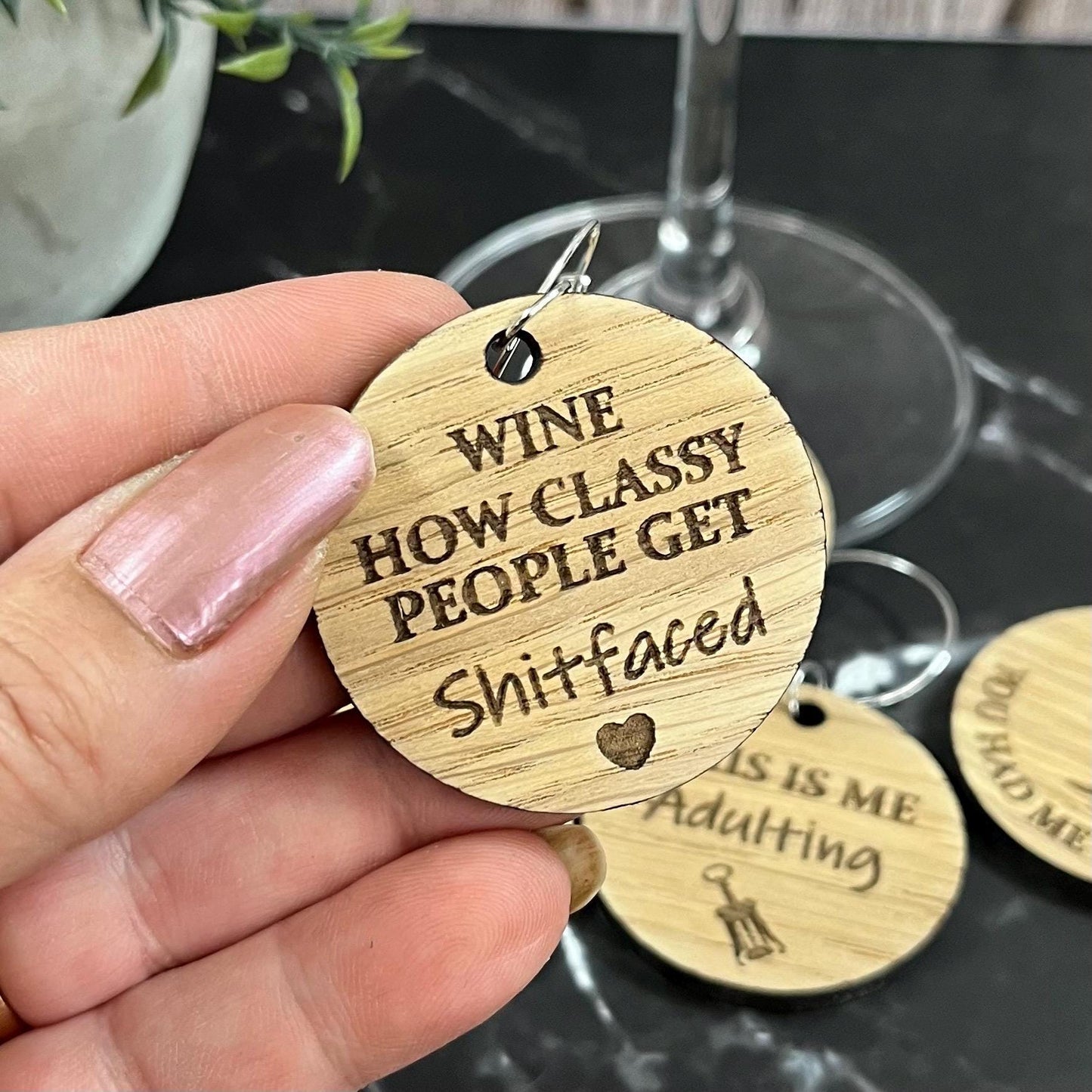 Funny Novelty Oak Wine Glass Charms: Personalised Girls Night Gift Set, Party Glass Tags X6
