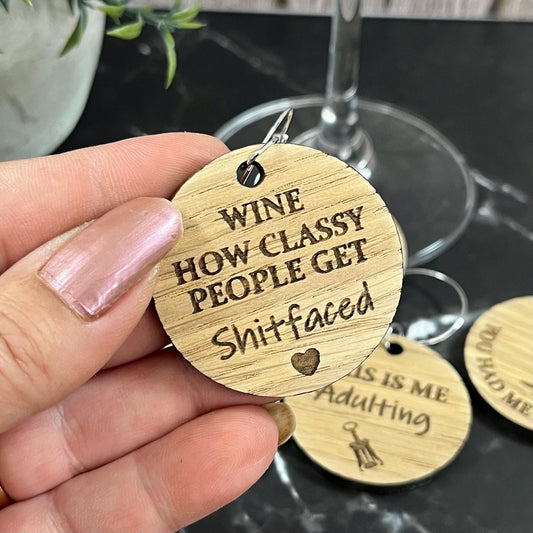 Funny Novelty Oak Wine Glass Charms: Personalised Girls Night Gift Set, Party Glass Tags X6