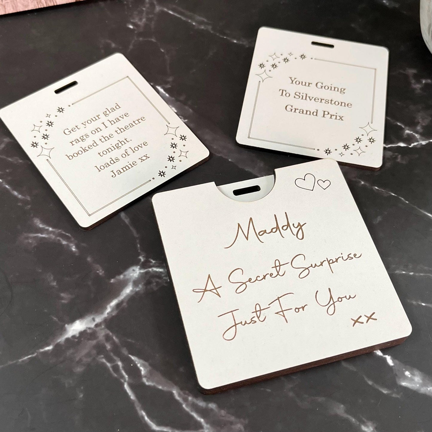 Secret Surprise Reveal, Wooden Card, Personalised Love Letter.