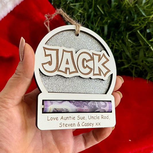 Personalised Christmas Money Holder: Sparkly Wooden Tree Decoration, Cash Envelope