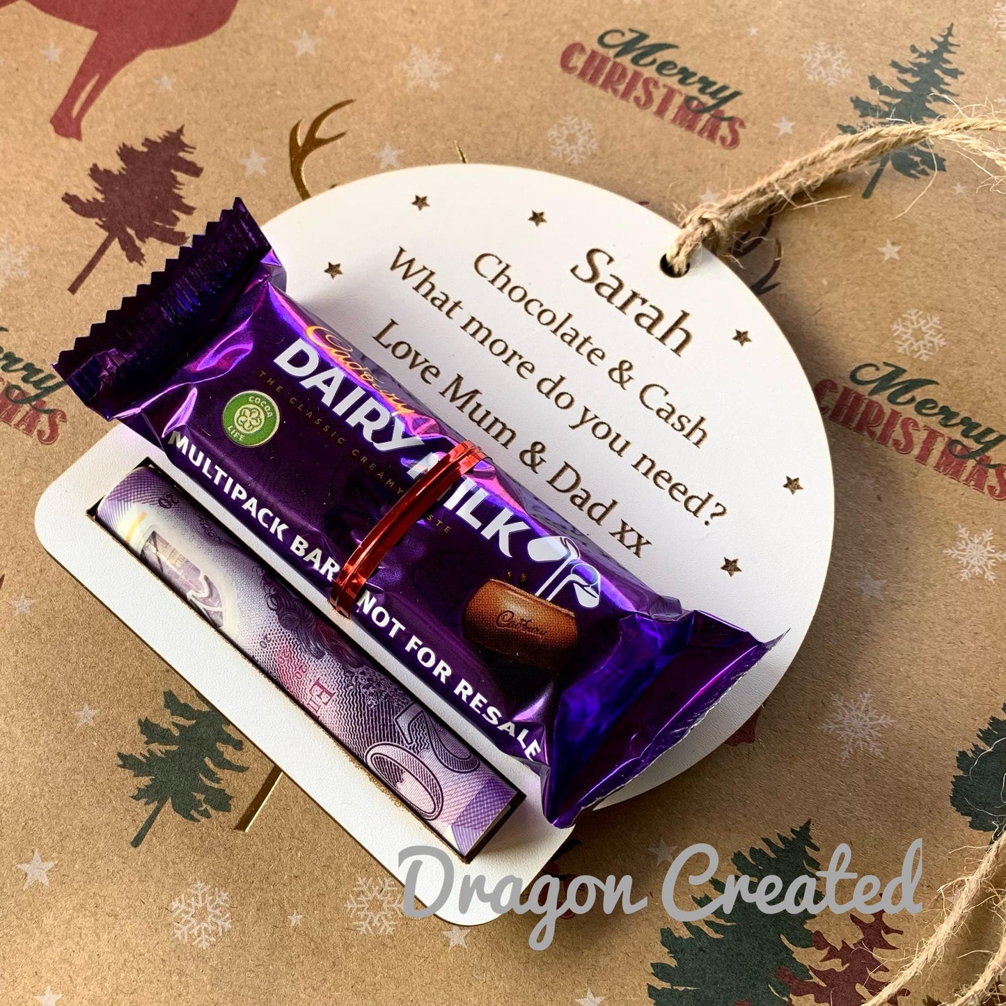 Personalised Christmas Chocolate & Money Holder: Wooden Tree Ornament Decoration