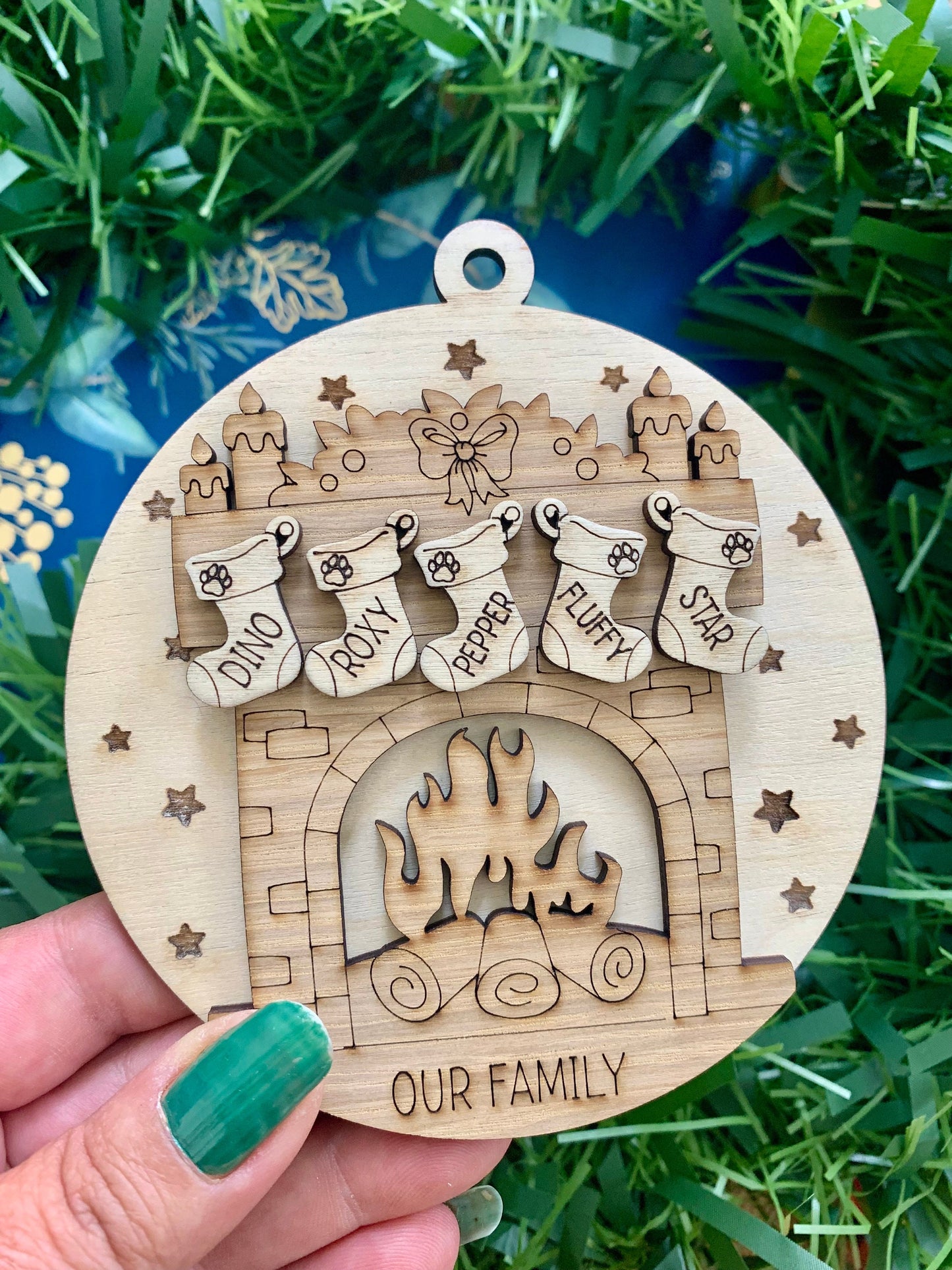Personalised Family Stocking Ornament: Engraved Birch & Oak Bauble, Family Tree, Grandparent Christmas