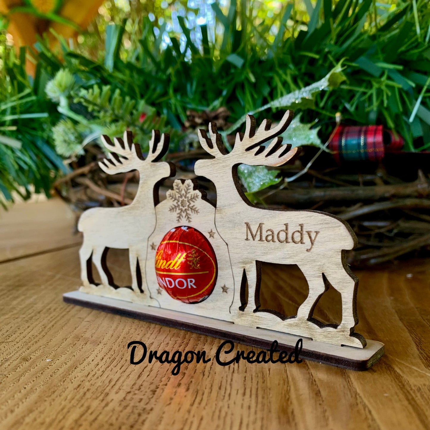 Personalised Reindeer Chocolate Holder: Wooden Christmas Place Setting