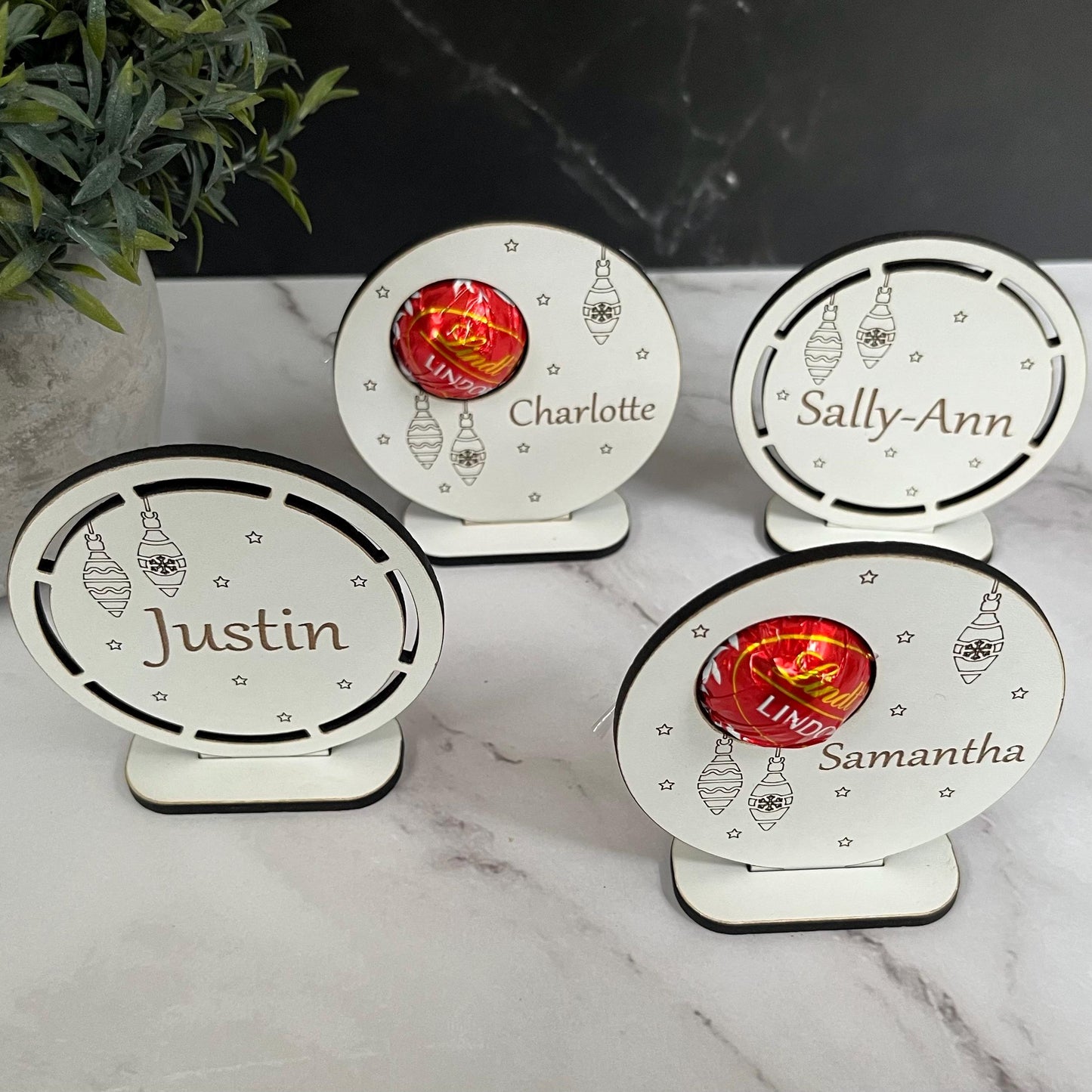 Personalised Christmas Table Place Settings, Chocolate Lindor Holder, Place Card: Laser Engraved Wooden Table Decoration