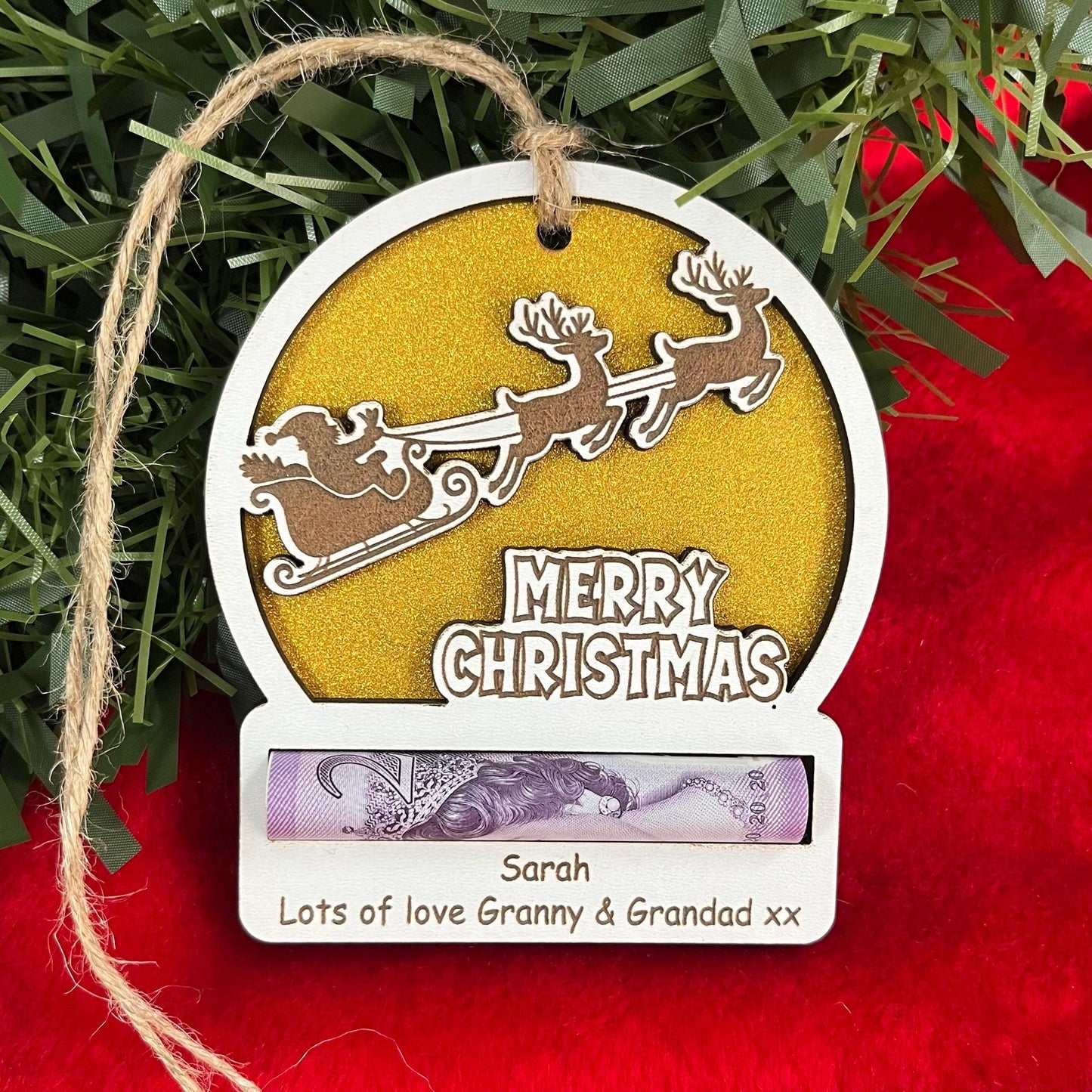 Personalised Reindeer Wooden Christmas Money Holder - Sparkly Xmas Ornament, Cash Envelope