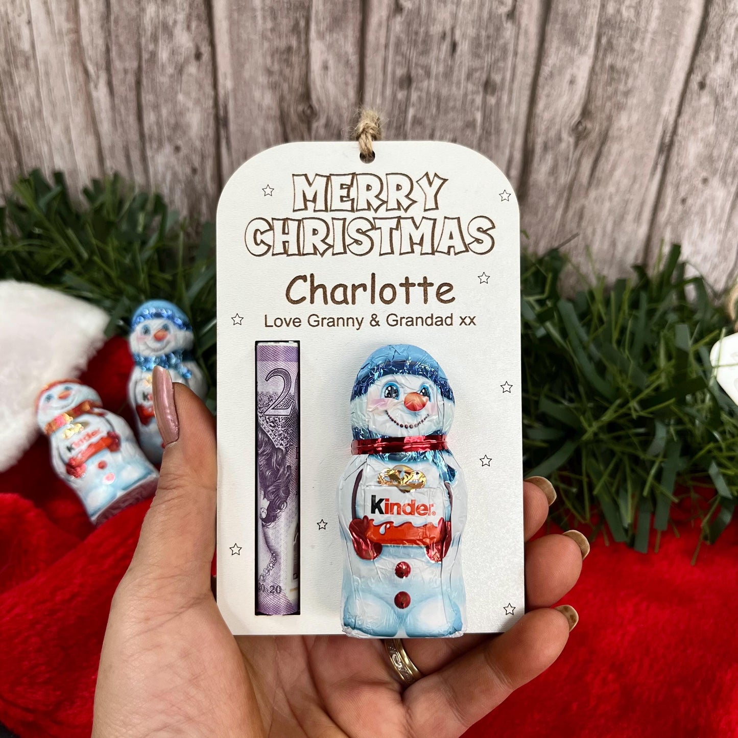 Personalised Christmas Money And Chocolate Holder: Kinder Chocolate Snowman Tree Ornament, Cash Envelope