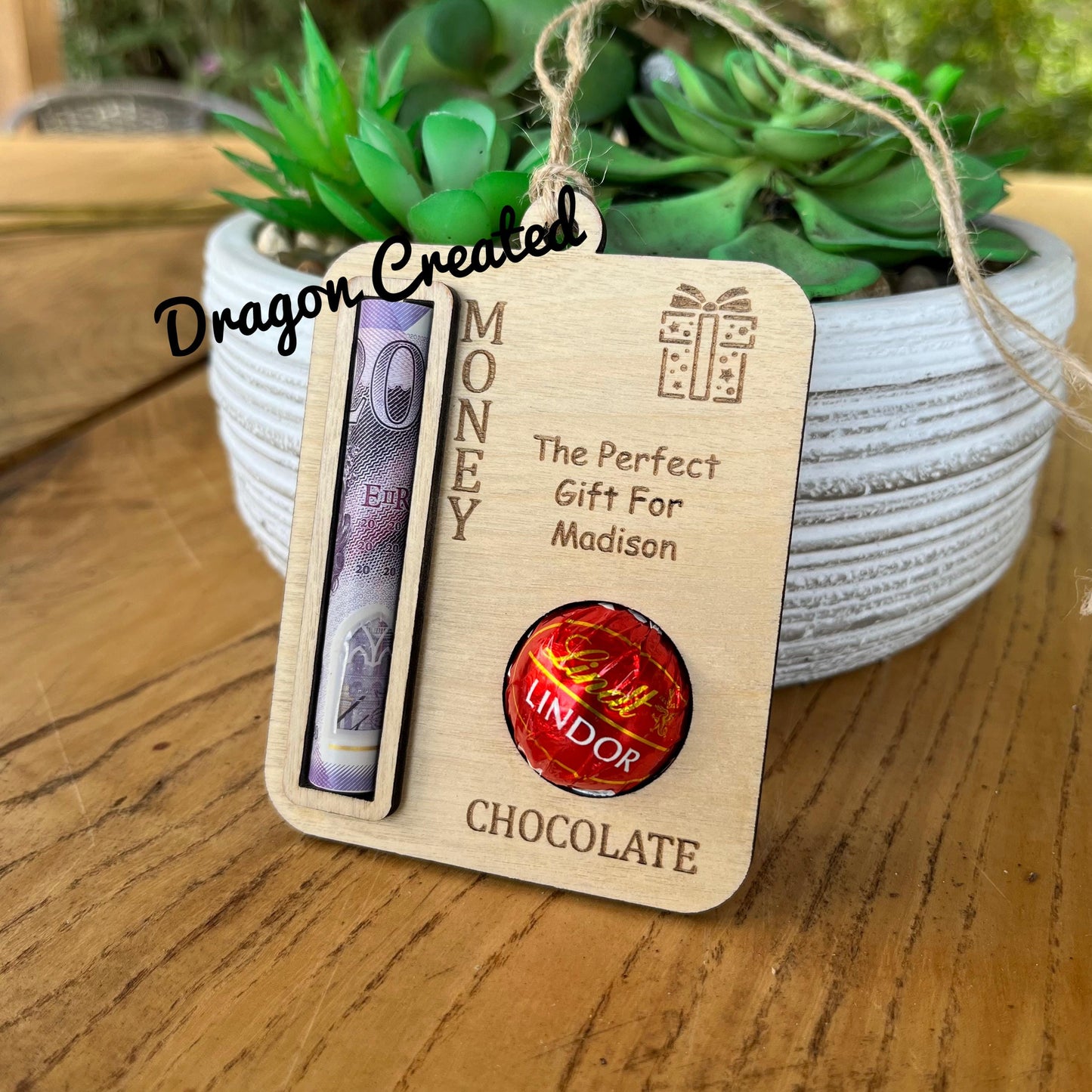 Personalised Wooden Money & Chocolate Gift Holder - Birthday Keepsake, Lindor Holder