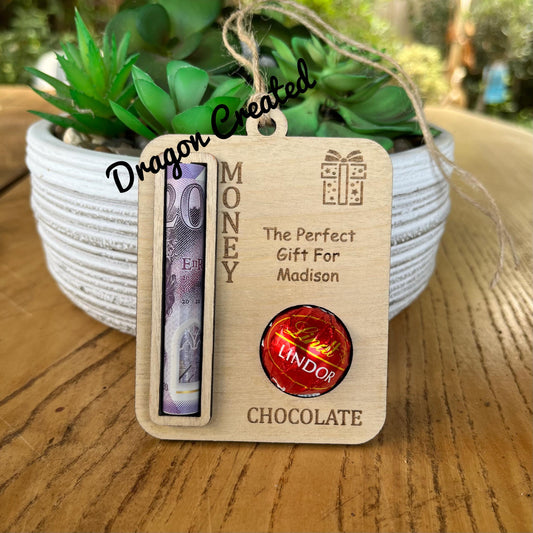 Personalised Wooden Money & Chocolate Gift Holder - Birthday Keepsake, Lindor Holder