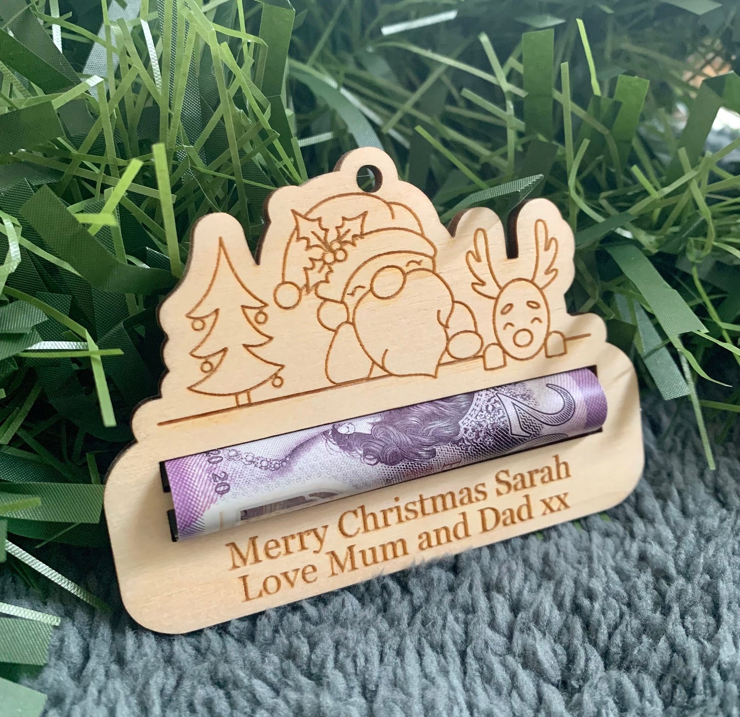 Personalised Christmas Money Holder: Wooden Tree Decoration, Cash Gift Envelope