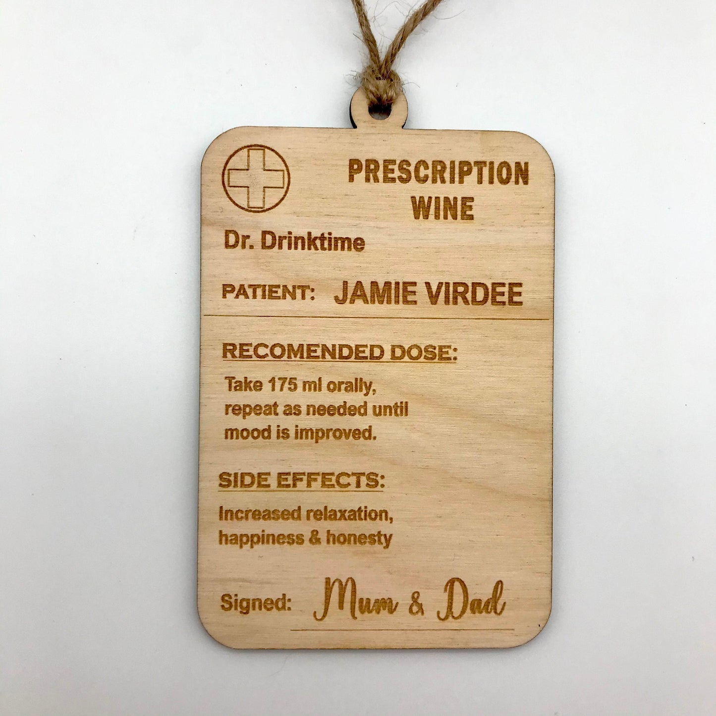 Wooden Personalised Wine Bottle Tag: Novelty Prescription Label, Funny Drink Lover