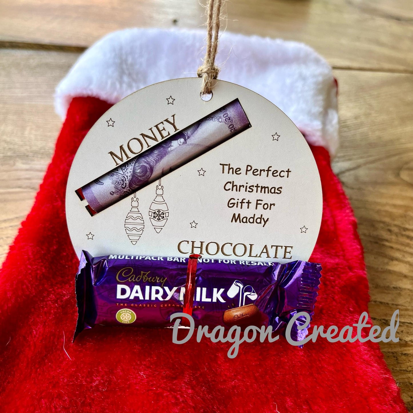 Personalised Christmas Money & Chocolate Holder: Engraved Wooden Ornament, Cash Envelope