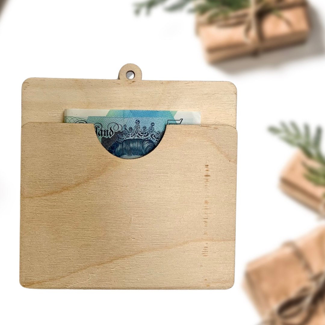 Personalised Christmas Money Holder Ornament: Engraved Birch Wood Gift Wallet, Cash Envelope