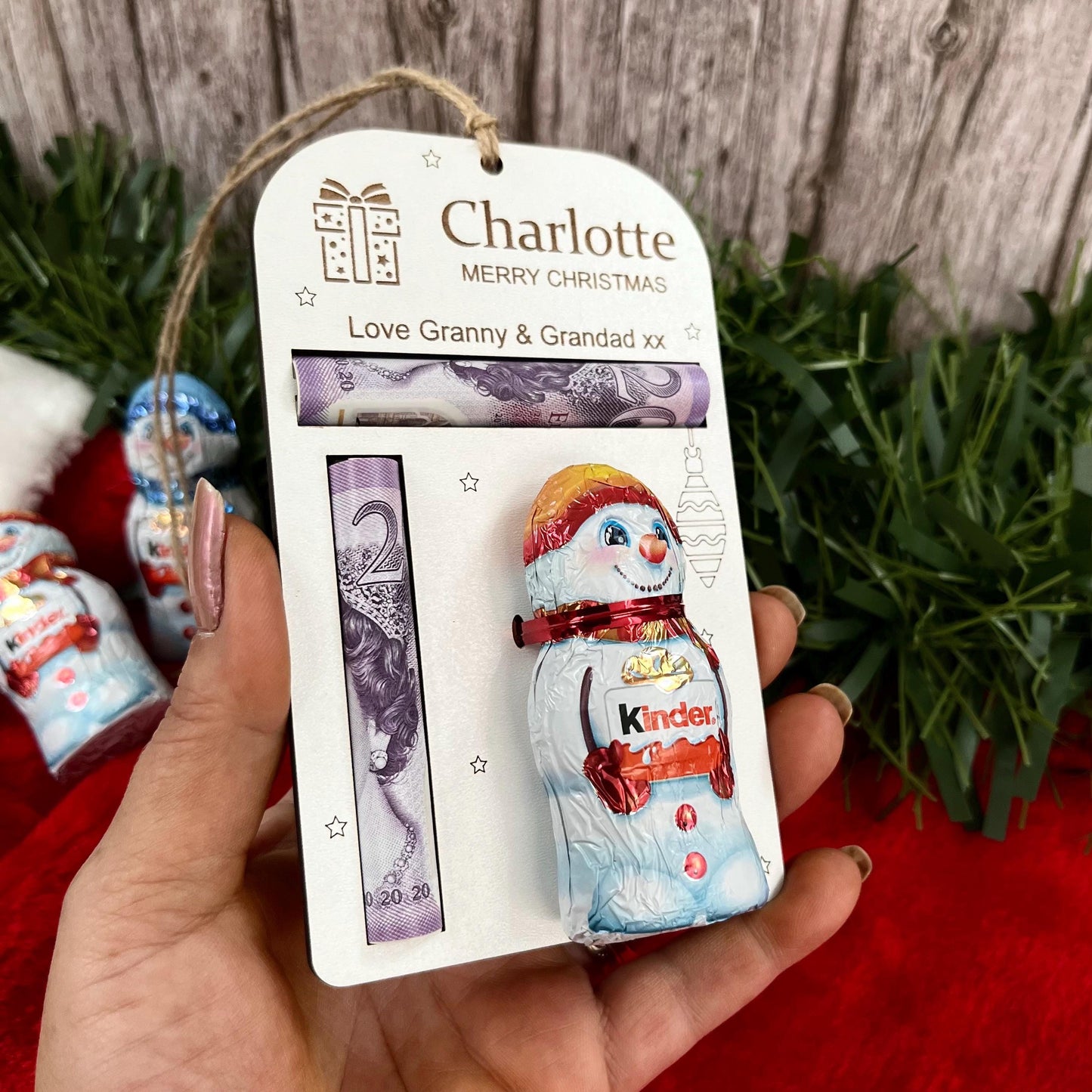 Personalised Christmas Money And Chocolate Kinder Snowman Holder