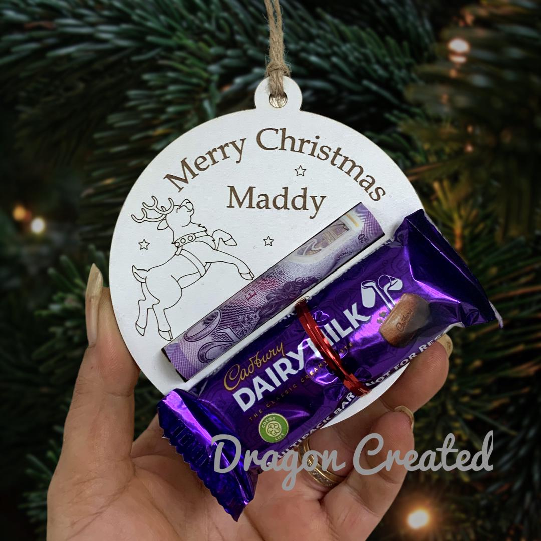 Personalised Reindeer Christmas Money & Chocolate Holder - Tree Ornament