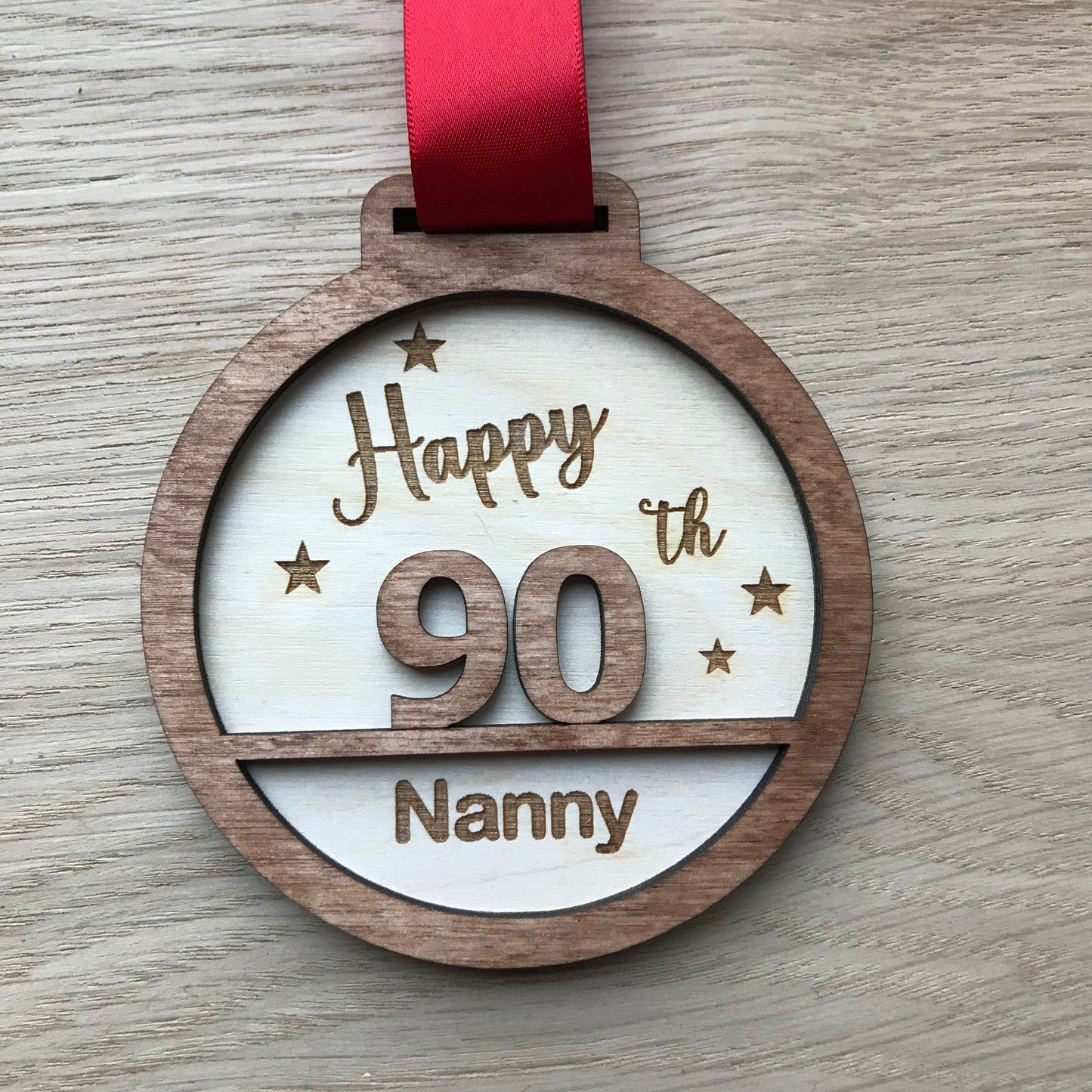 Personalised 90th Birthday Award Medal: Engraved Birch Wood