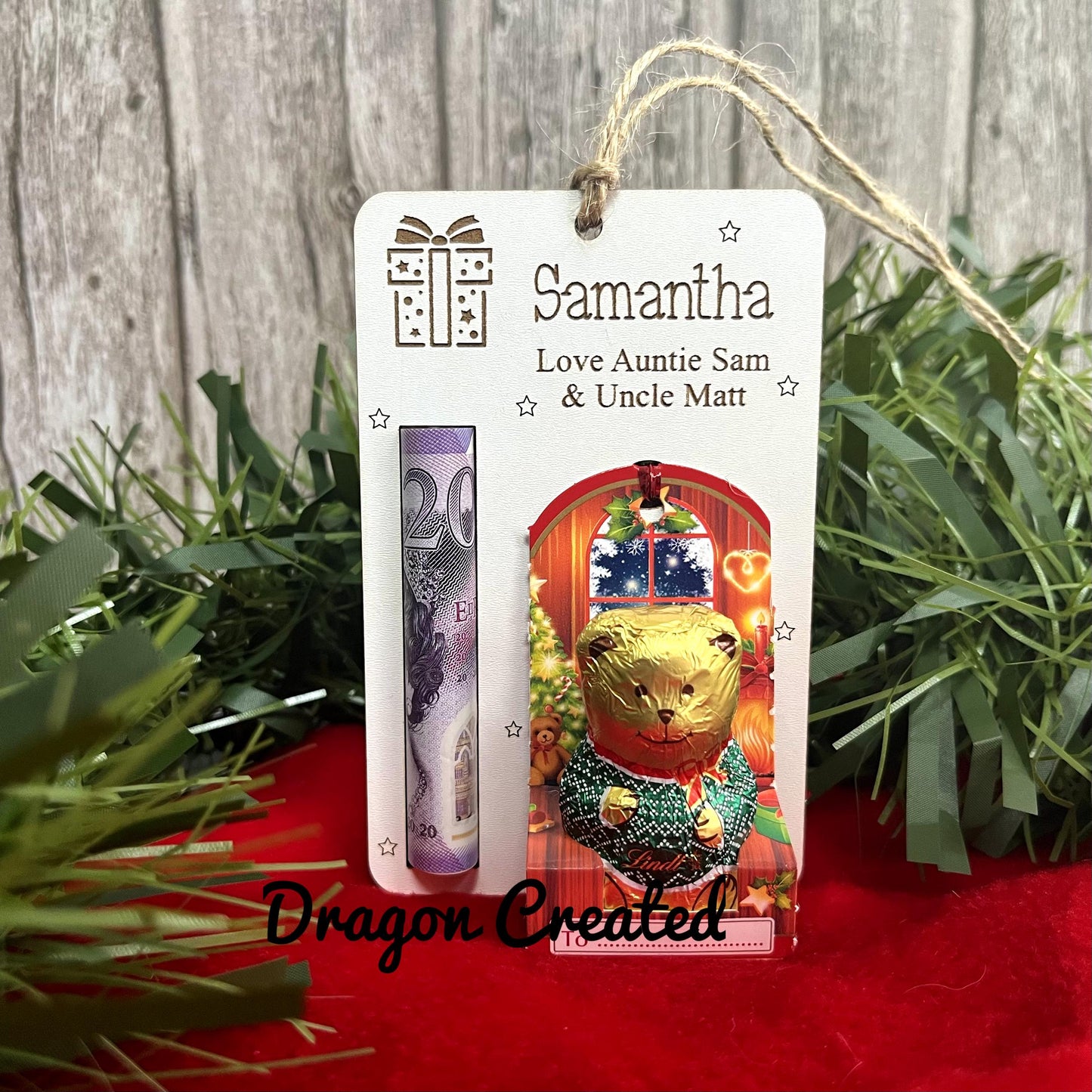 Personalised  Christmas Money & Chocolate Holder - Tree Ornament, Cash Envelope, Lindor Bear, Kinder Snowman