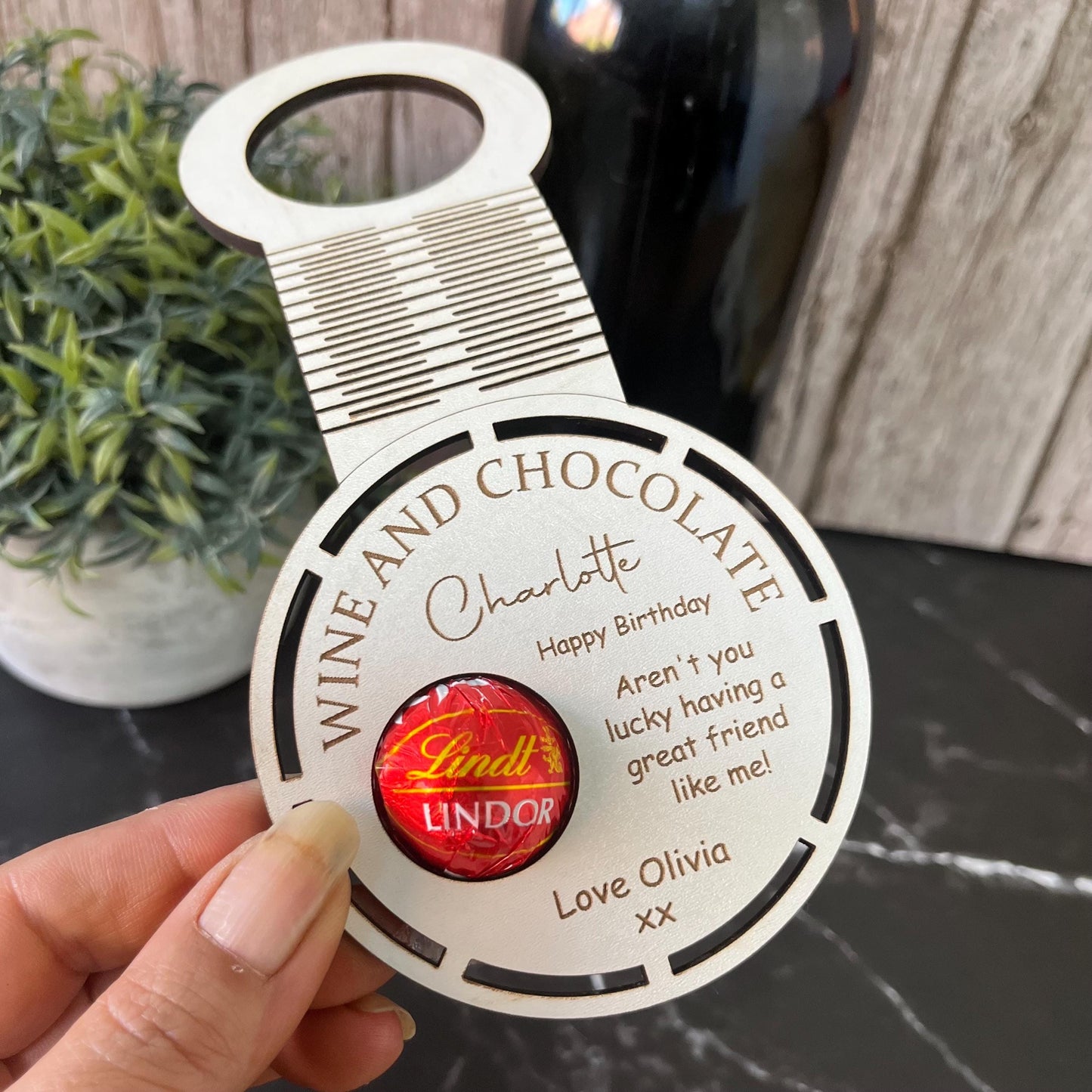 Personalised Birthday Wine Bottle Tag: Lindor Chocolate Holder, Engraved Wood Bottle Topper