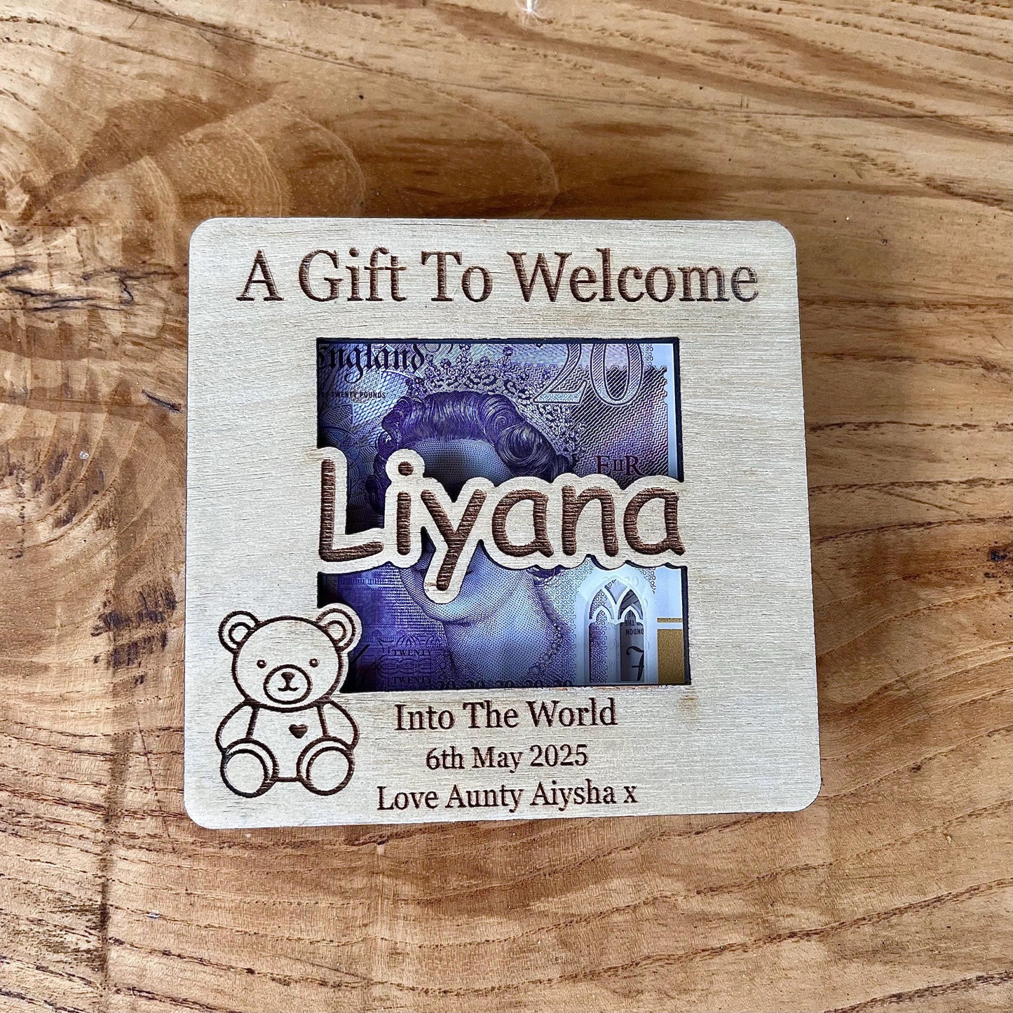 Personalized New Baby Money Holder: Laser Engraved Birch Wood Keepsake
