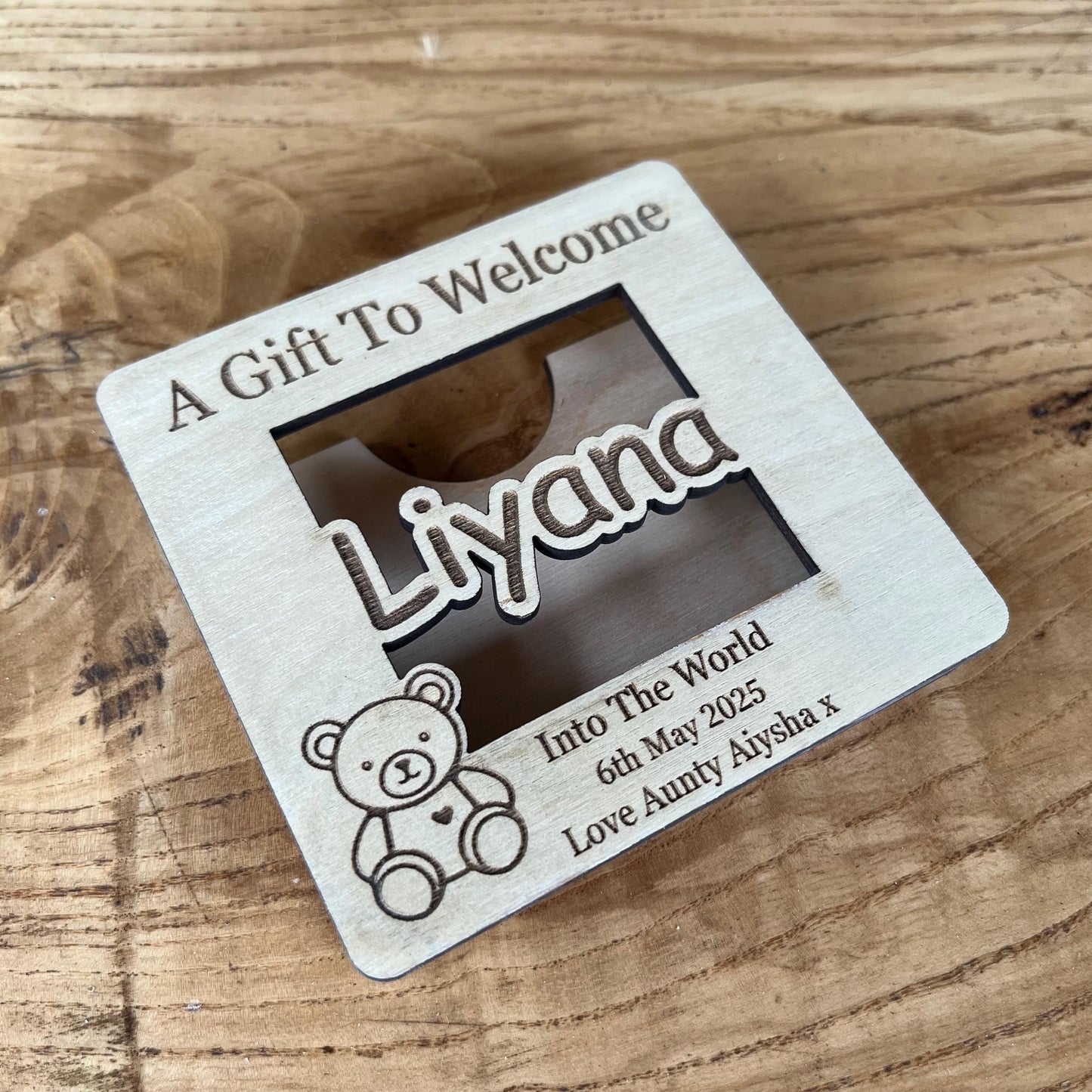 Personalized New Baby Money Holder: Laser Engraved Birch Wood Keepsake