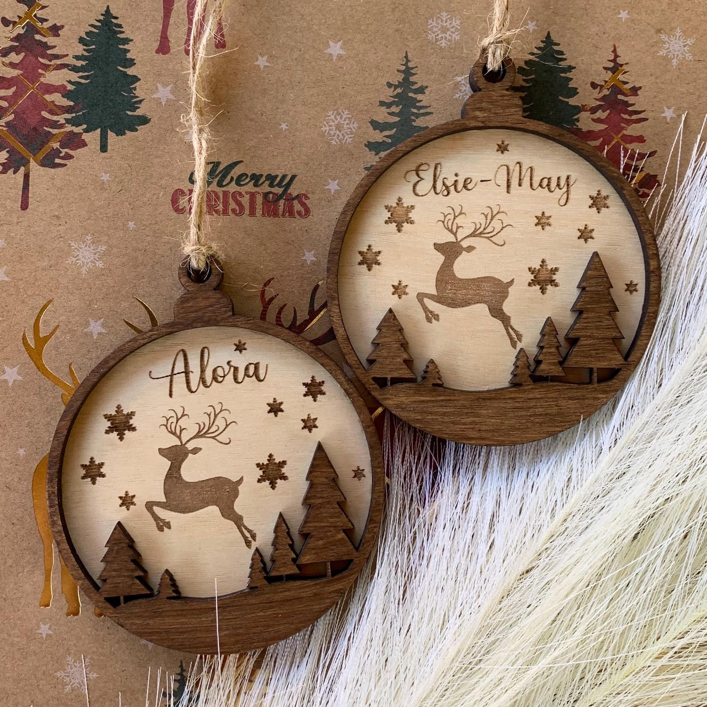 Personalised Wooden Reindeer Christmas Ornament: Engraved Bauble, Tree Decoration