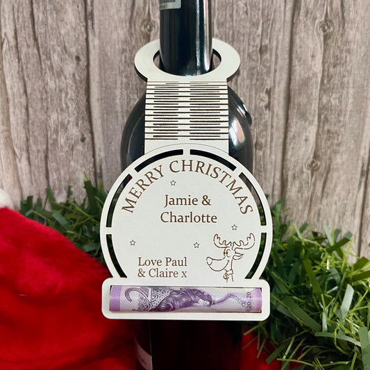 Personalised Christmas Wine Tag with Money Holder: Wooden Cash Gift Envelope