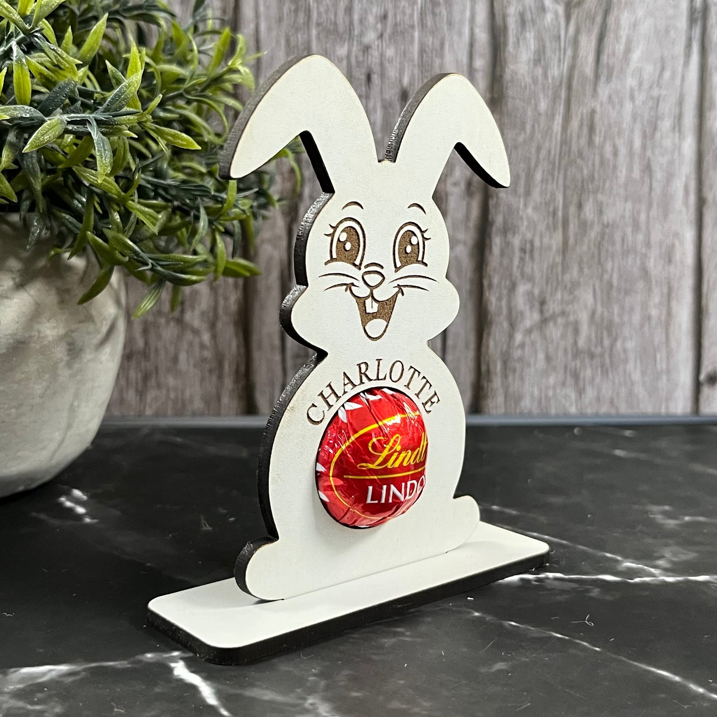 Personalised Easter Bunny Chocolate Holder: Wooden Easter Table Decoration, Lindor, Lindt Chocolate, Place Setting