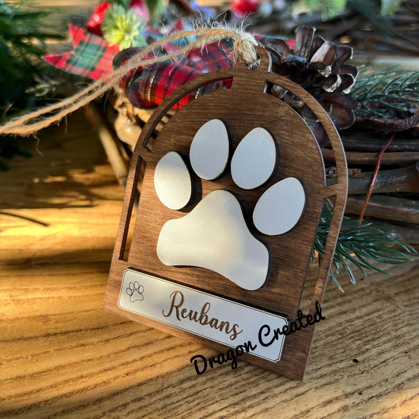 Pet Christmas Ornament: Personalised Engraved Wooden Dog Paws, Tree Decoration.