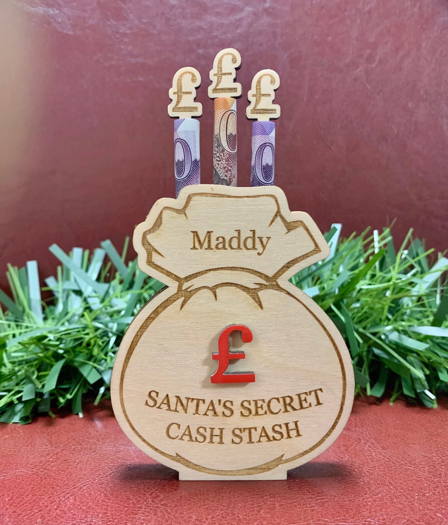 Personalised Santa Sack Money Holder: Wooden Christmas Cash Gift Envelope