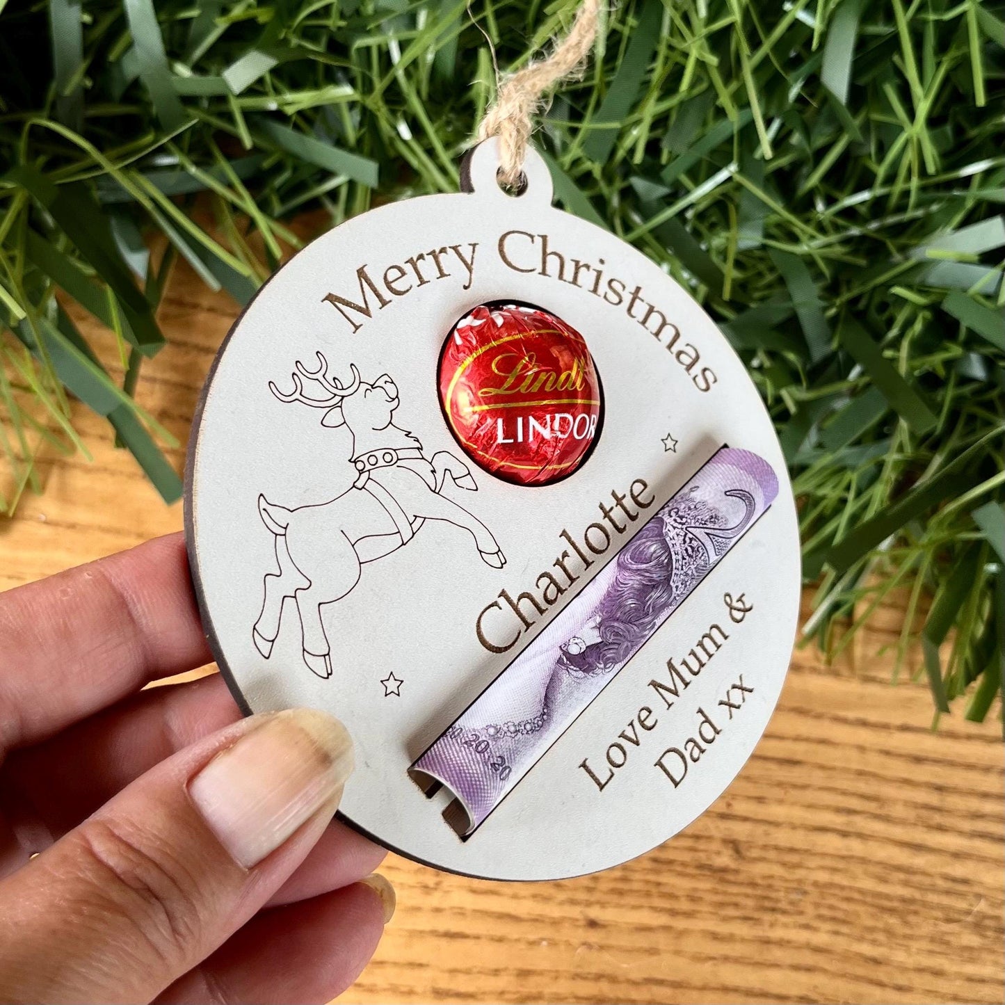 Personalised Reindeer Chocolate & Money Holder: Christmas Tree Decoration, Cash Envelope