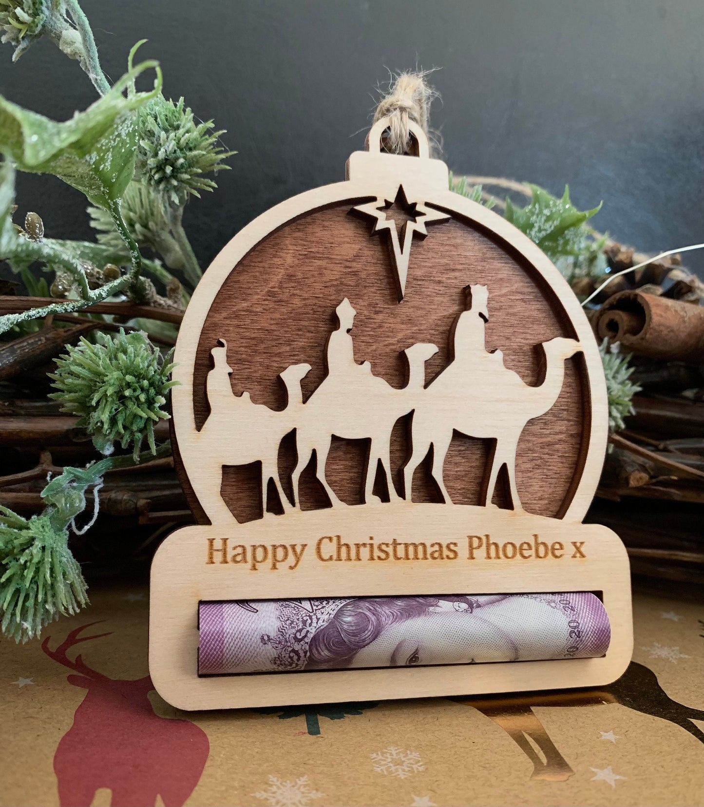 Personalised Nativity Christmas Money Holder: Engraved Birch Wood Ornament