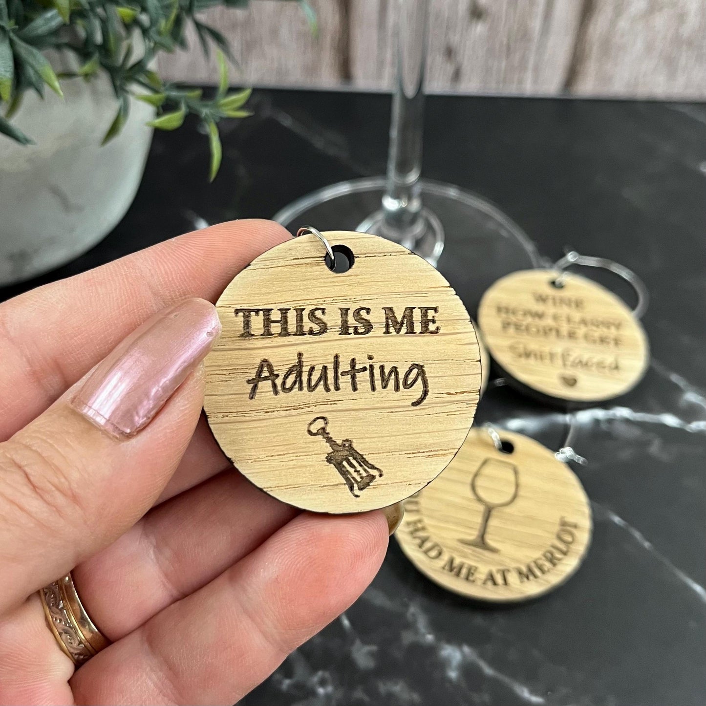 Funny Novelty Oak Wine Glass Charms: Personalised Girls Night Gift Set, Party Glass Tags