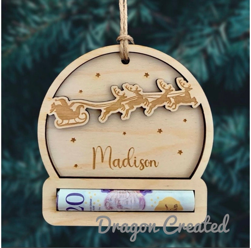Personalised Santa Christmas Money Holder Ornament: Engraved Wood Bauble, Cash Envelope