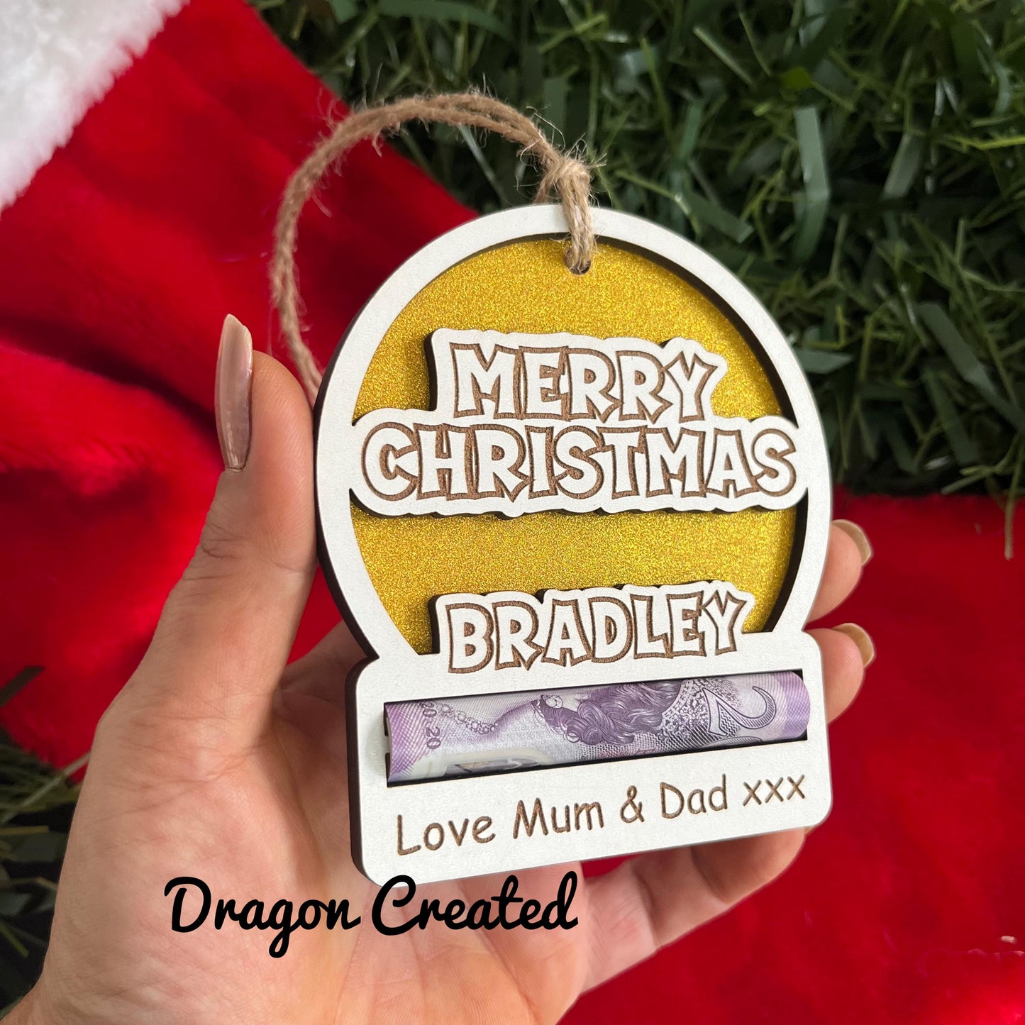 Personalised Merry Christmas Sparkly money holder. Wooden Cash Envelope, Christmas Tree Decoration. Xmas Cash