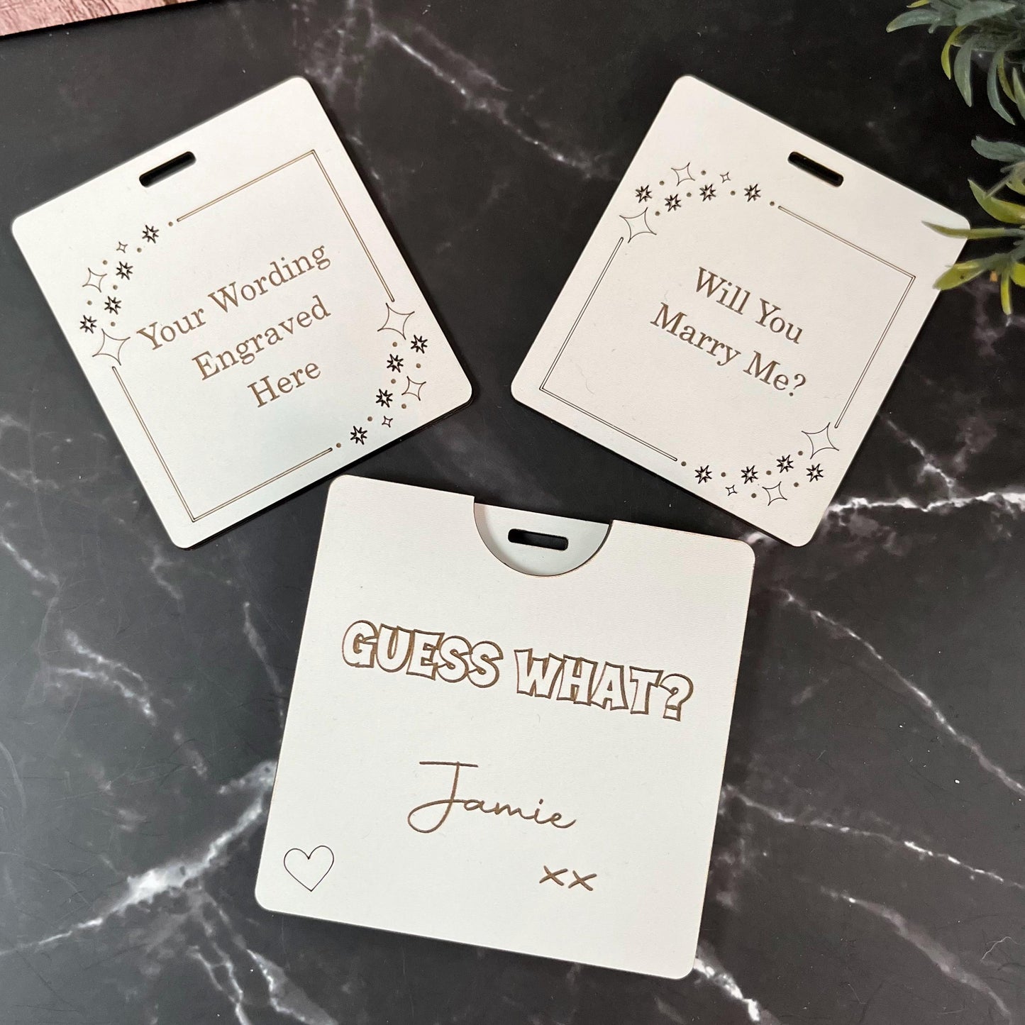 Secret Surprise Reveal, Guess What? Wooden Card, Personalised Love Letter.