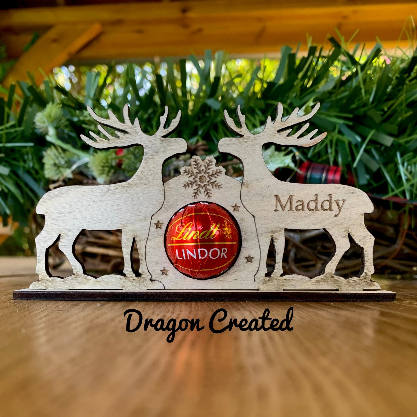 Personalised Reindeer Chocolate Holder: Wooden Christmas Place Setting