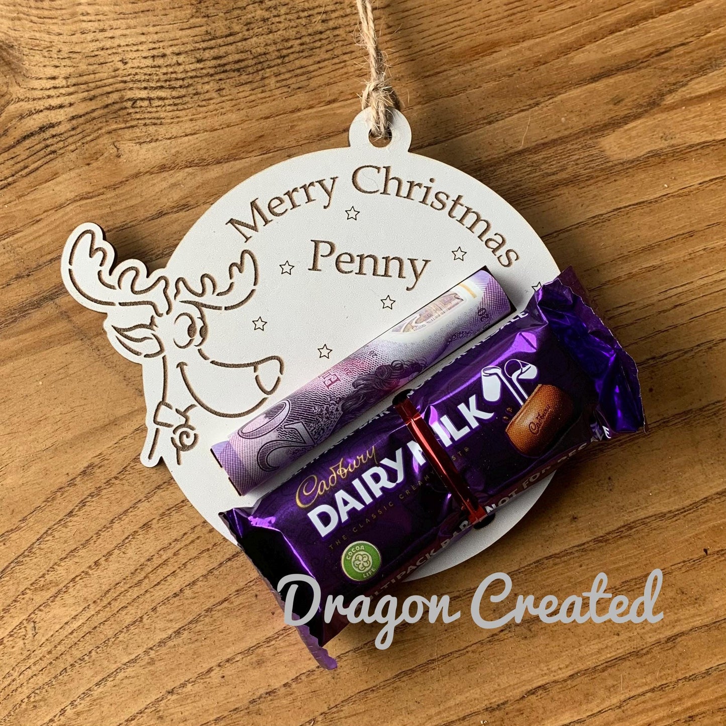 Personalised Reindeer Chocolate & Money Holder: Wooden Christmas Ornament