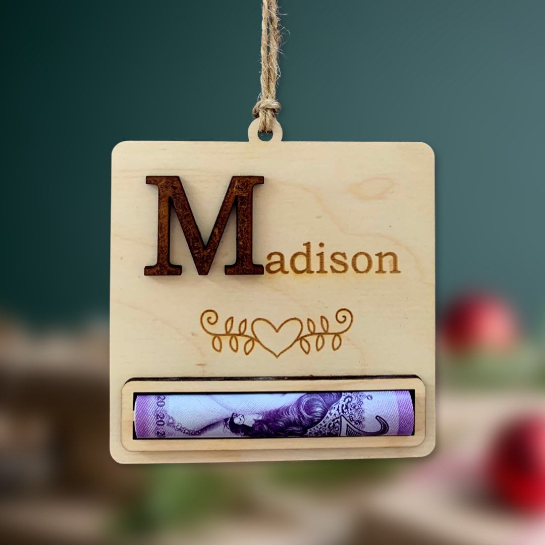 Personalized Money Holder Ornament: Engraved Birch Wood Birthday Gift
