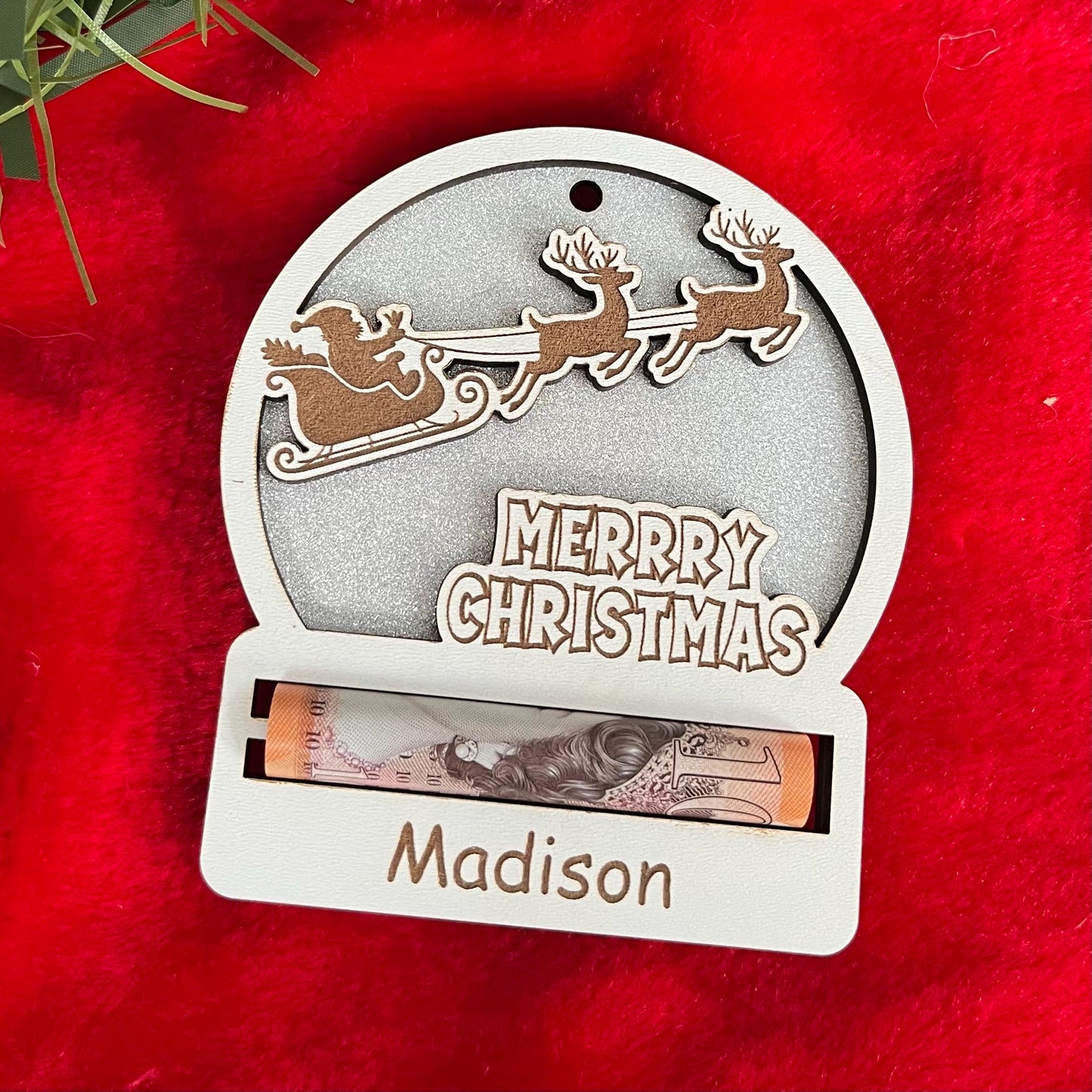Personalised Reindeer Wooden Christmas Money Holder - Sparkly Xmas Ornament, Cash Envelope