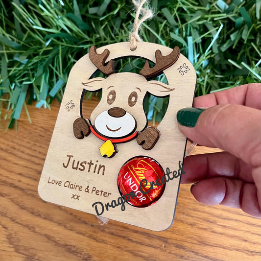 Reindeer Lindor Christmas Decorations, Chocolate Holder, Stocking Tag,  Personalised Christmas Tree Decoration,
