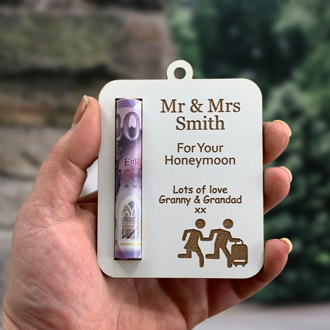 Personalised Wooden Wedding Money Holder: Mr & Mrs Gift Wallet, Honeymoon Cash