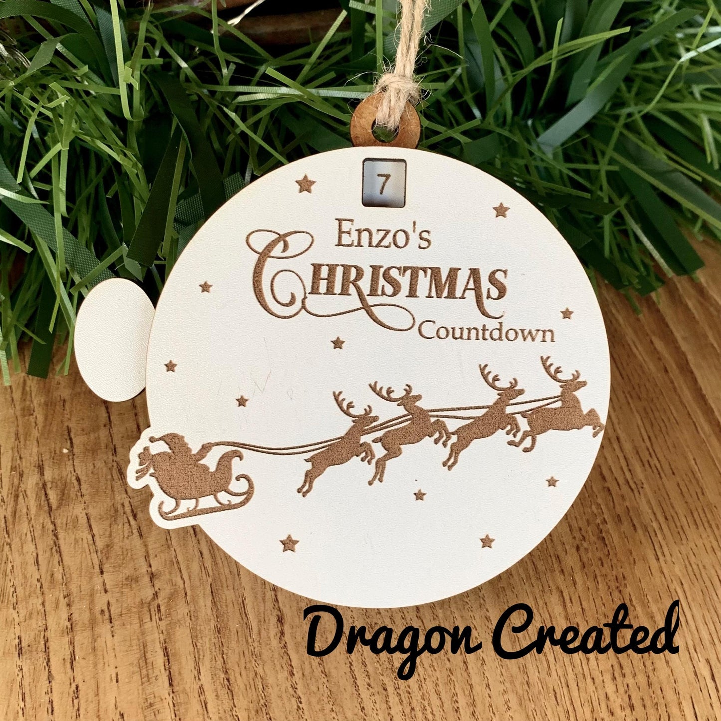 Christmas Countdown, Personalised Sliding Wooden Advent Calendar, Santa Sleigh Bauble Personalised