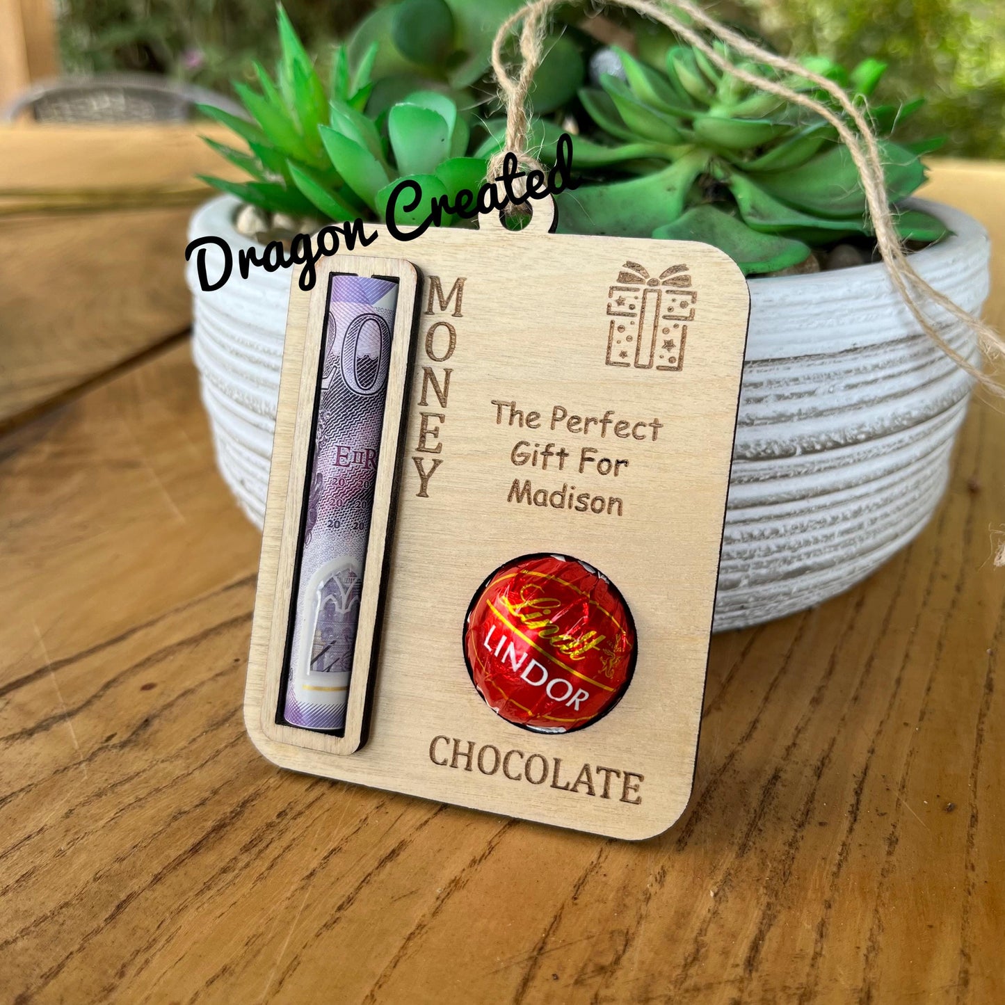Personalised Wooden Money & Chocolate Gift Holder - Birthday Keepsake, Lindor Holder