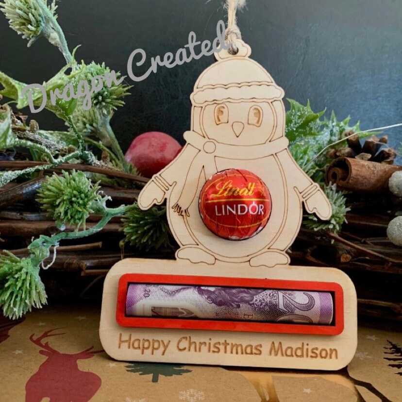 Personalised Penguin Chocolate Money Holder: Engraved Birch Wood Christmas Bauble