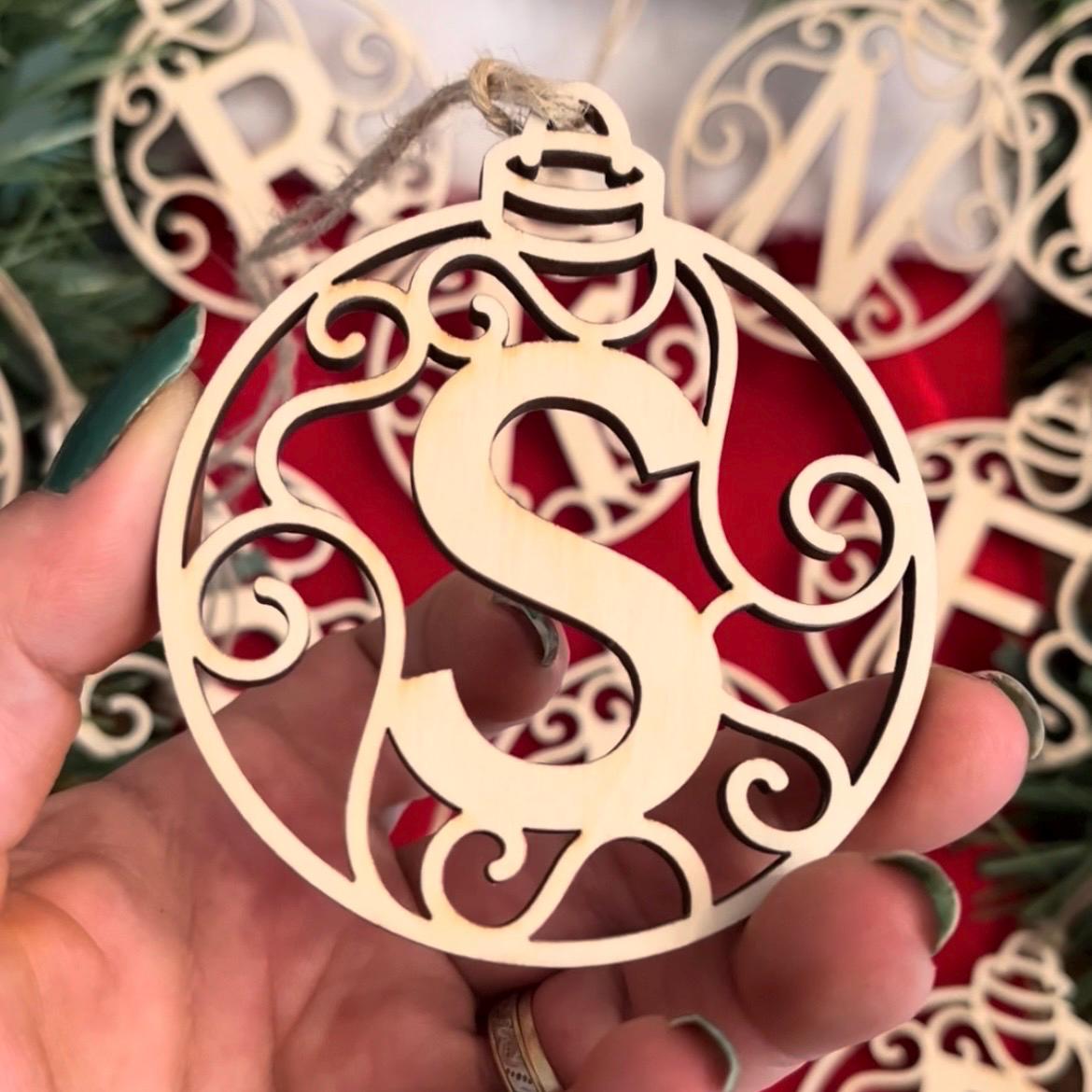 Personalised Initial Bauble: Laser Engraved Birch Wood Ornament, Christmas Decoration