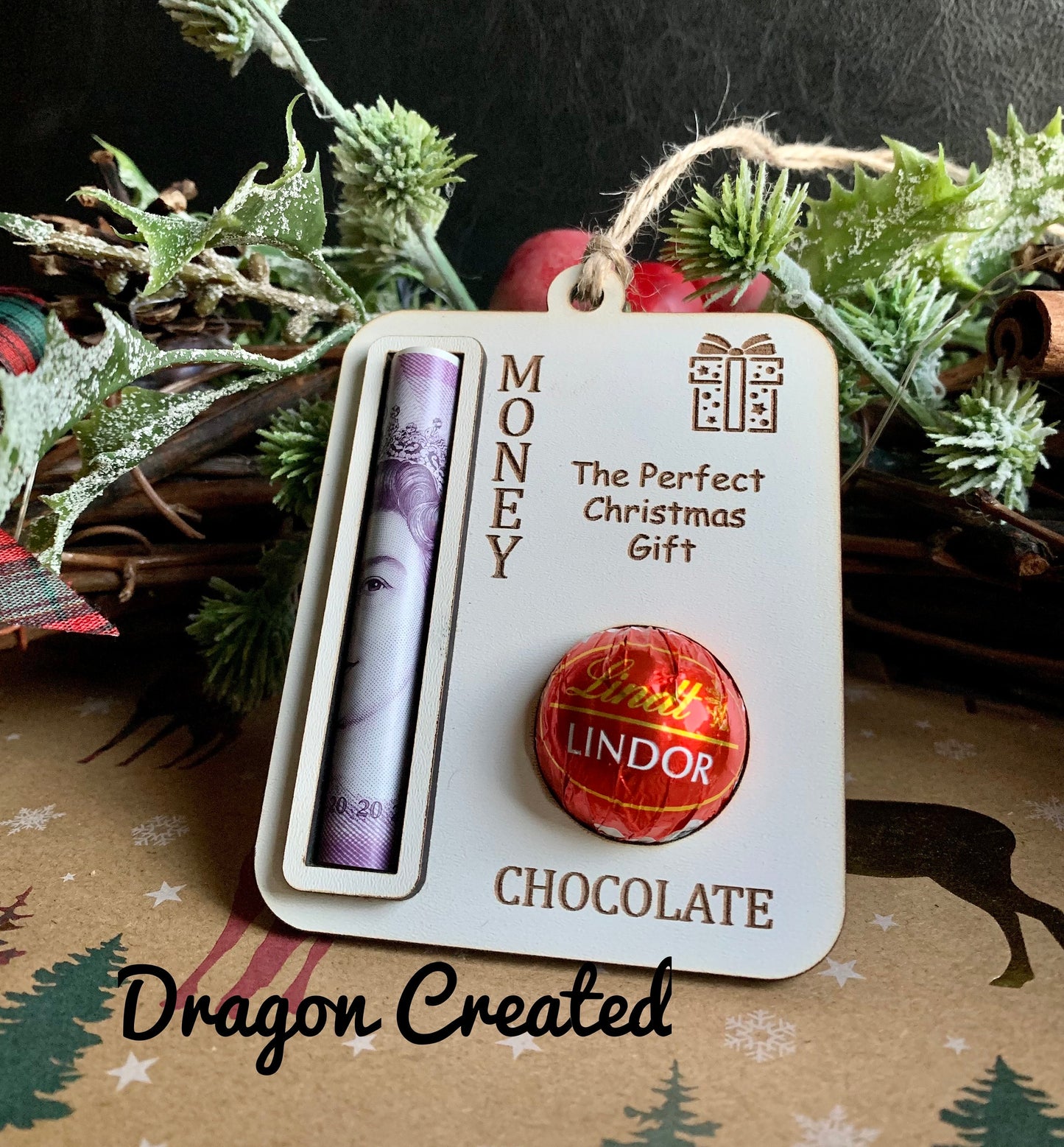Personalised Christmas Money & Chocolate Holder: Wooden Bauble Ornament, Lindor Cash Envelope