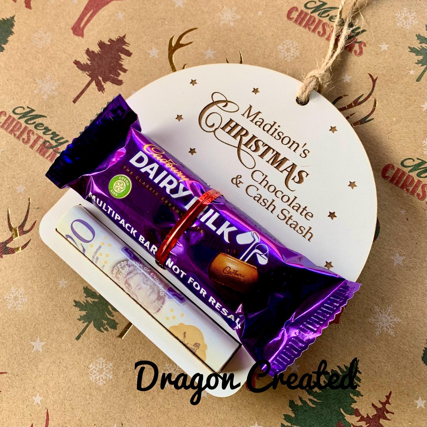 Personalised Christmas Money & Chocolate Holder: Wooden Tree Ornament, Cash Envelope