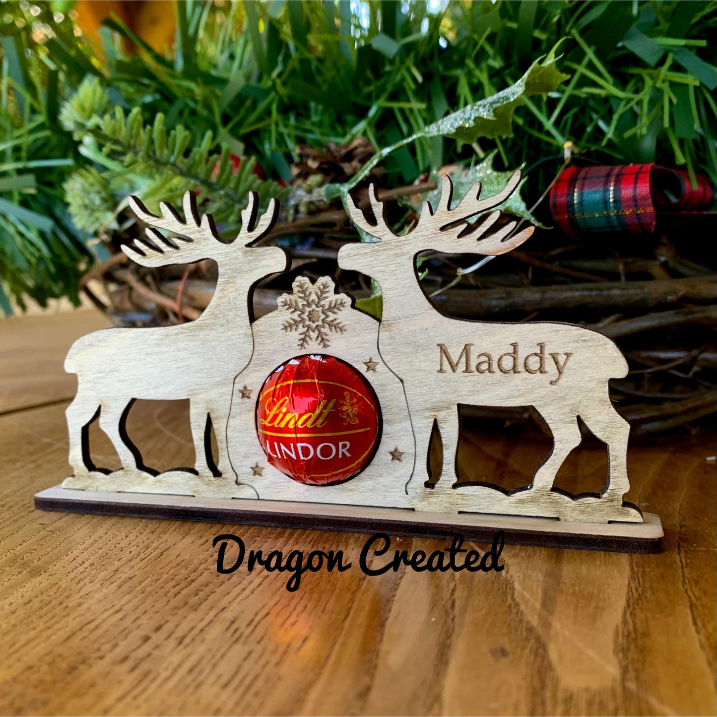 Personalised Reindeer Chocolate Holder: Wooden Christmas Place Setting